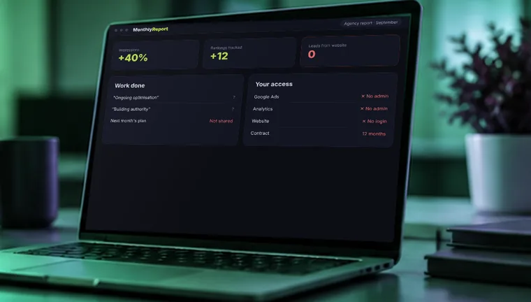 Laptop showing a marketing report full of traffic and impressions but zero leads, with warning checks