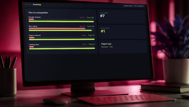 Monitor comparing your business with a competitor on reviews, rating and pages indexed, with gap bars