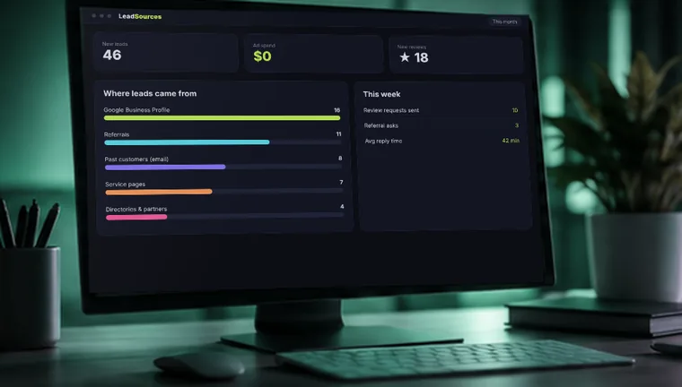 Monitor showing lead sources from reviews, referrals, Google Business Profile and email with zero ad spend