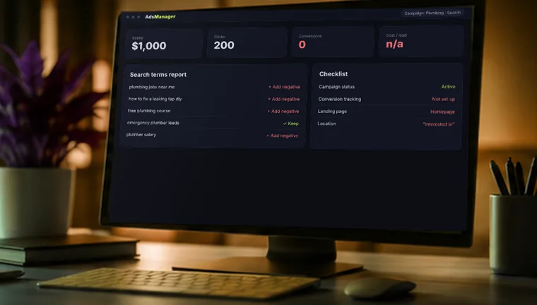 Monitor showing a Google Ads dashboard with spend, clicks, zero conversions and a search terms report
