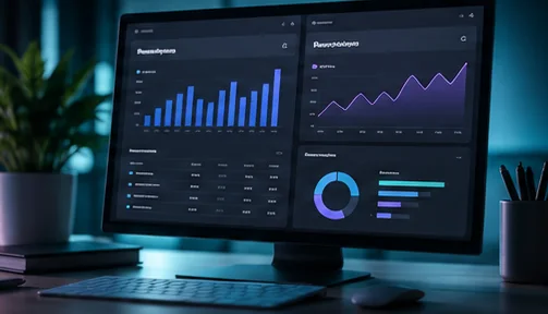 Desktop monitor showing a paid ads dashboard with bar charts, a trend line and spend breakdown