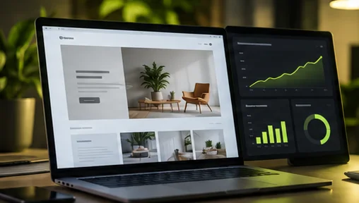 Laptop showing a business website design next to a tablet with conversion charts