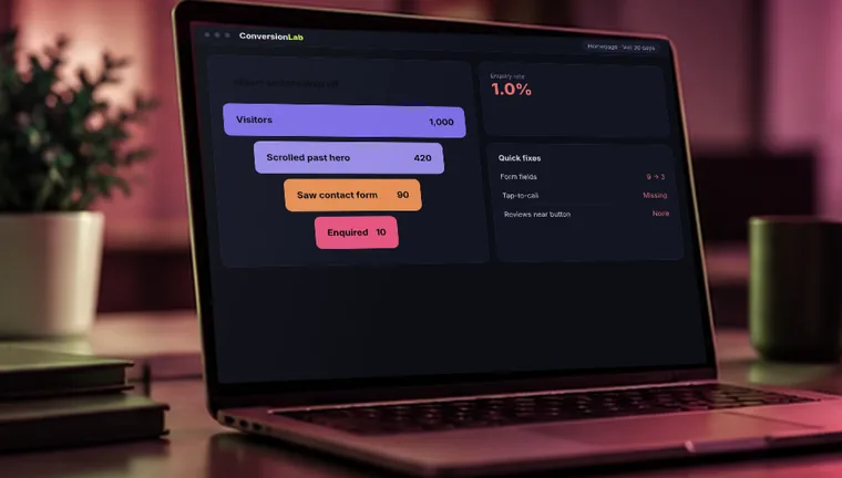 Laptop showing a website conversion funnel where 1,000 visitors become only 10 enquiries