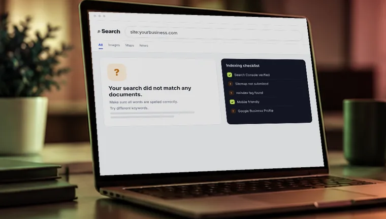 Laptop showing a search for site:yourbusiness.com with no results next to an indexing checklist